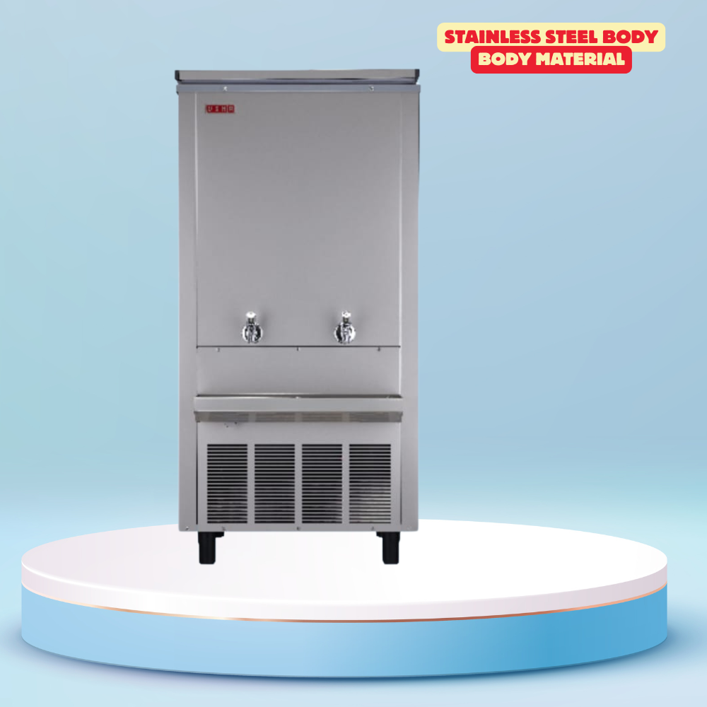 Durable Usha water cooler SS150150RC with multiple taps.