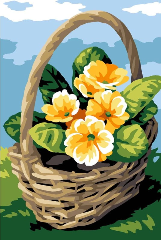 Cesto di Vimini con Fiori - Tela mezzopunto Cesto di Vimini con Fiori - Tela mezzopunto