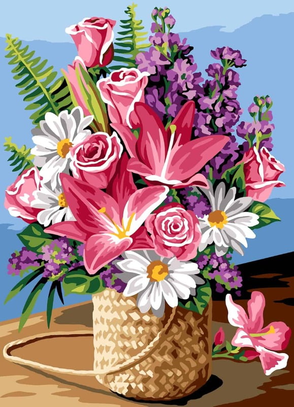 Cestino con Bouquet - tela per ricamo a mezzopunto