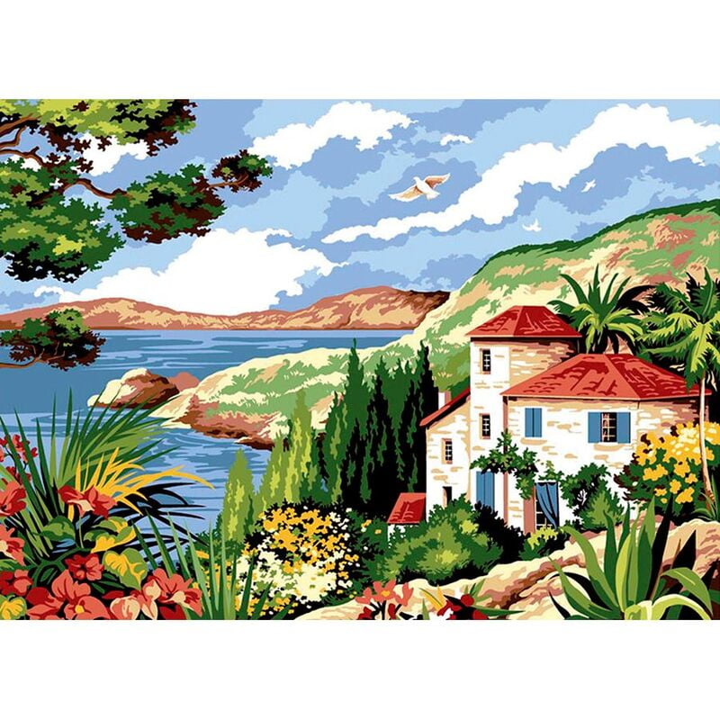 Villa sul Mare - tela da ricamare a mezzopunto prestampata