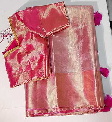 C245: Ready To Ship  Beautiful Pure Silk Tissue Silk Saree With Stitched Blouse