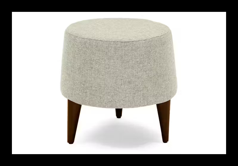 Modern Round Grey Ottoman | Upholstered Linen-Look Footstool with Tapered Wood Legs