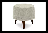 Modern Round Grey Ottoman | Upholstered Linen-Look Footstool with Tapered Wood Legs