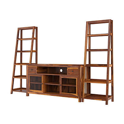 Sheesham Wood Entertainment Unit with Ladder Shelves – TV Cabinet & Display Storage Combo