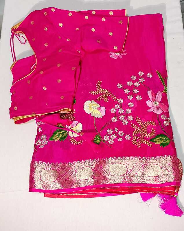 D05: Ready To Ship Beautiful Pure Chinnon Silk Saree With Stitched Blouse D05: Ready To Ship Beautiful Pure Chinnon Silk Saree With Stitched Blouse