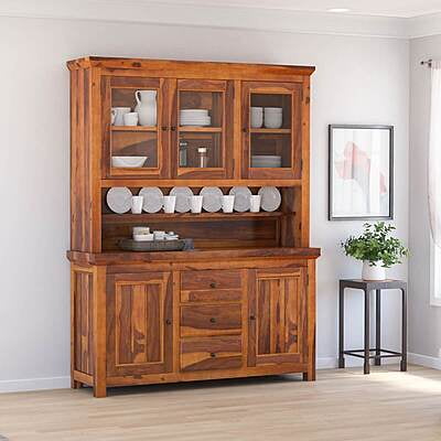 Solid Sheesham Wood Crockery Cabinet with Glass Doors – Hutch Style Display & Storage Unit