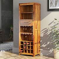 Solid Sheesham Wood Bar Cabinet with Wine Rack & Glass Holder | Tall Liquor Unit Solid Sheesham Wood Bar Cabinet with Wine Rack & Glass Holder | Tall Liquor Unit