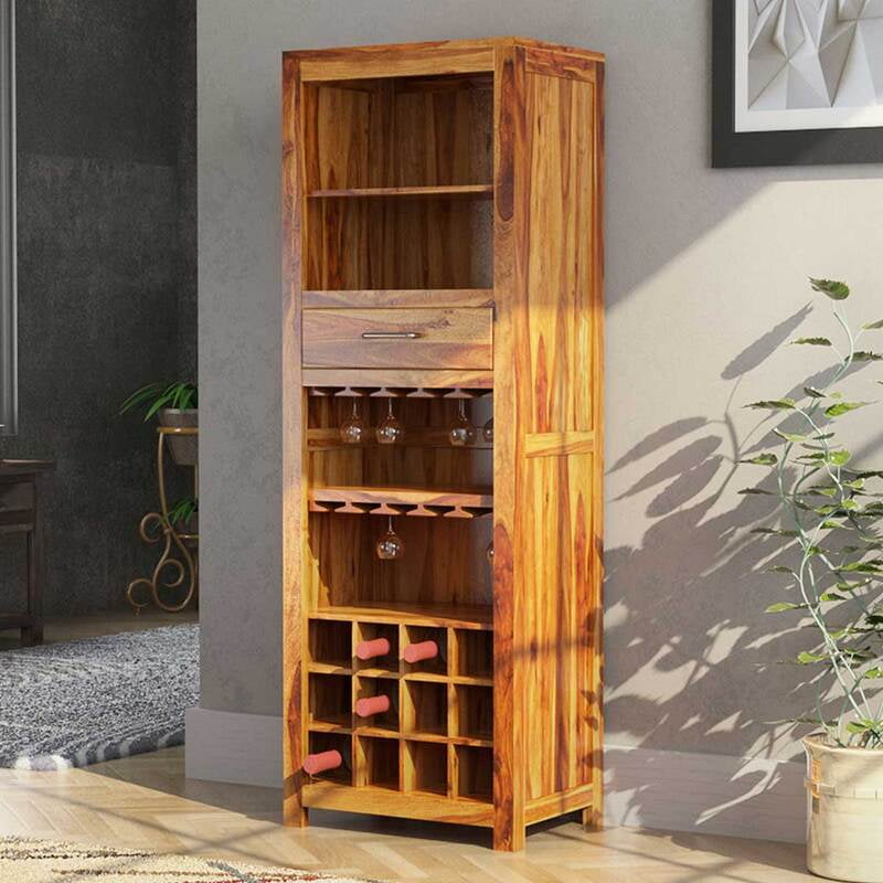 Solid Sheesham Wood Bar Cabinet with Wine Rack & Glass Holder | Tall Liquor Unit Solid Sheesham Wood Bar Cabinet with Wine Rack & Glass Holder | Tall Liquor Unit