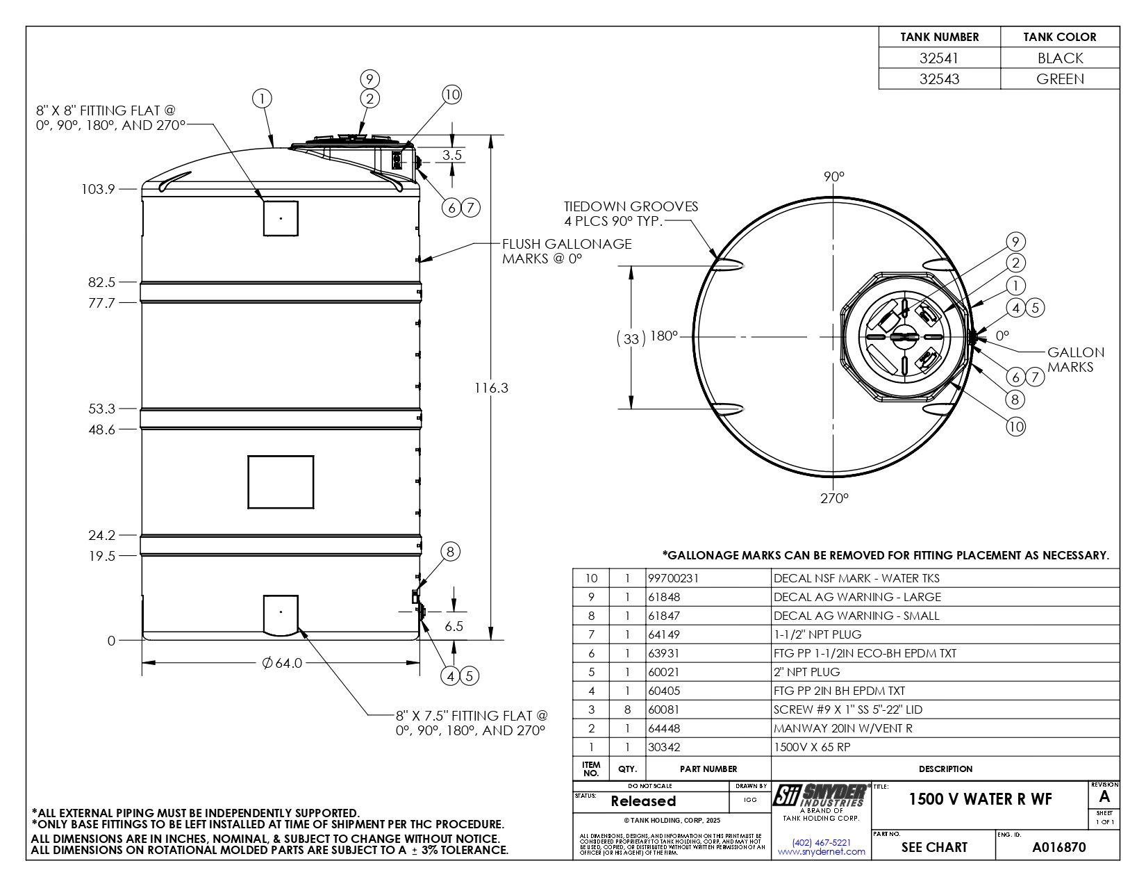 Snyder Industries 1500 Gallon Green Vertical Water Tank Snyder Industries 1500 Gallon Green Vertical Water Tank