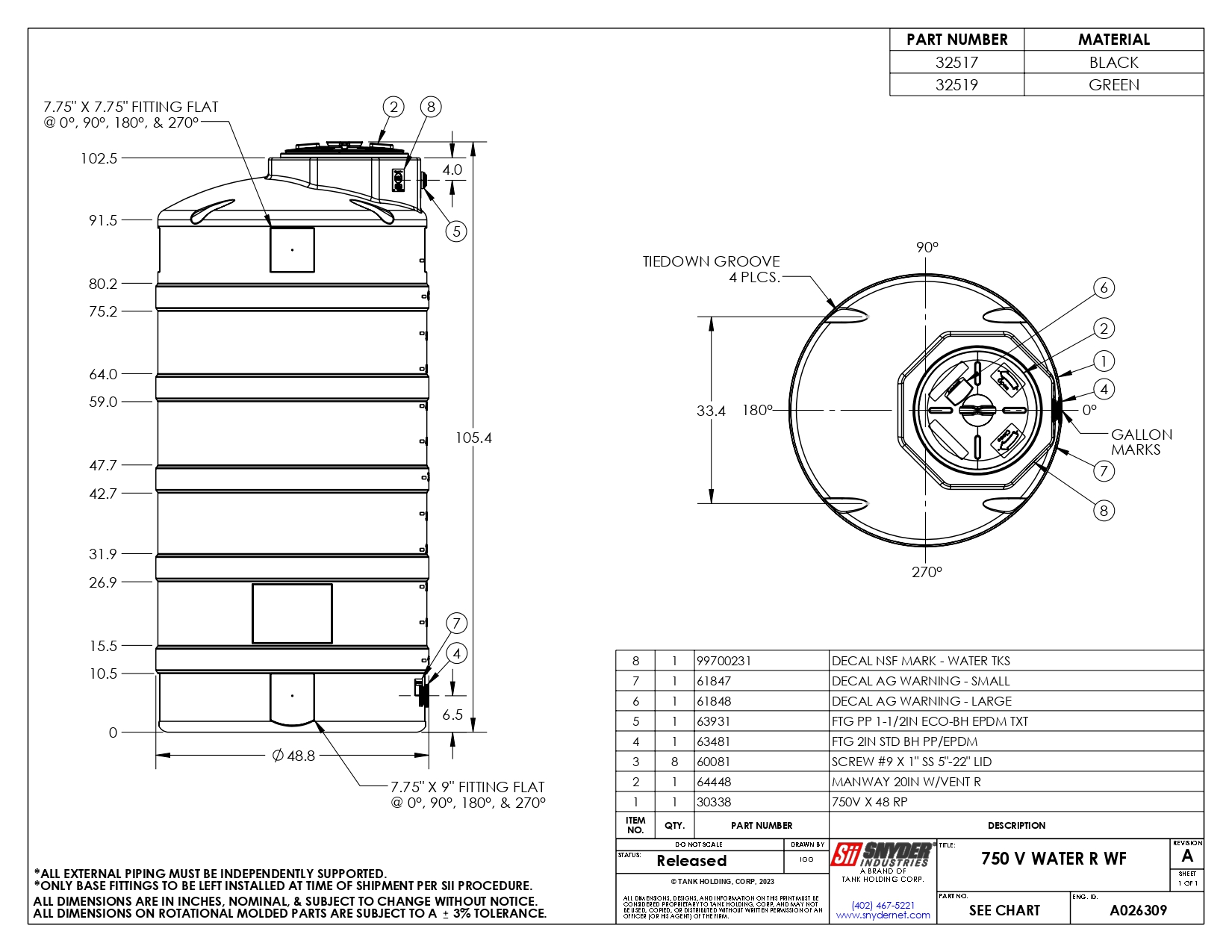 Snyder Industries 750 Gallon Green Vertical Water Tank Snyder Industries 750 Gallon Green Vertical Water Tank
