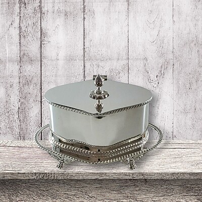 Oval Shaped Footed Biscuit Box on 4 Feet English silver Plate c.1950. SKU #: ANT2910.