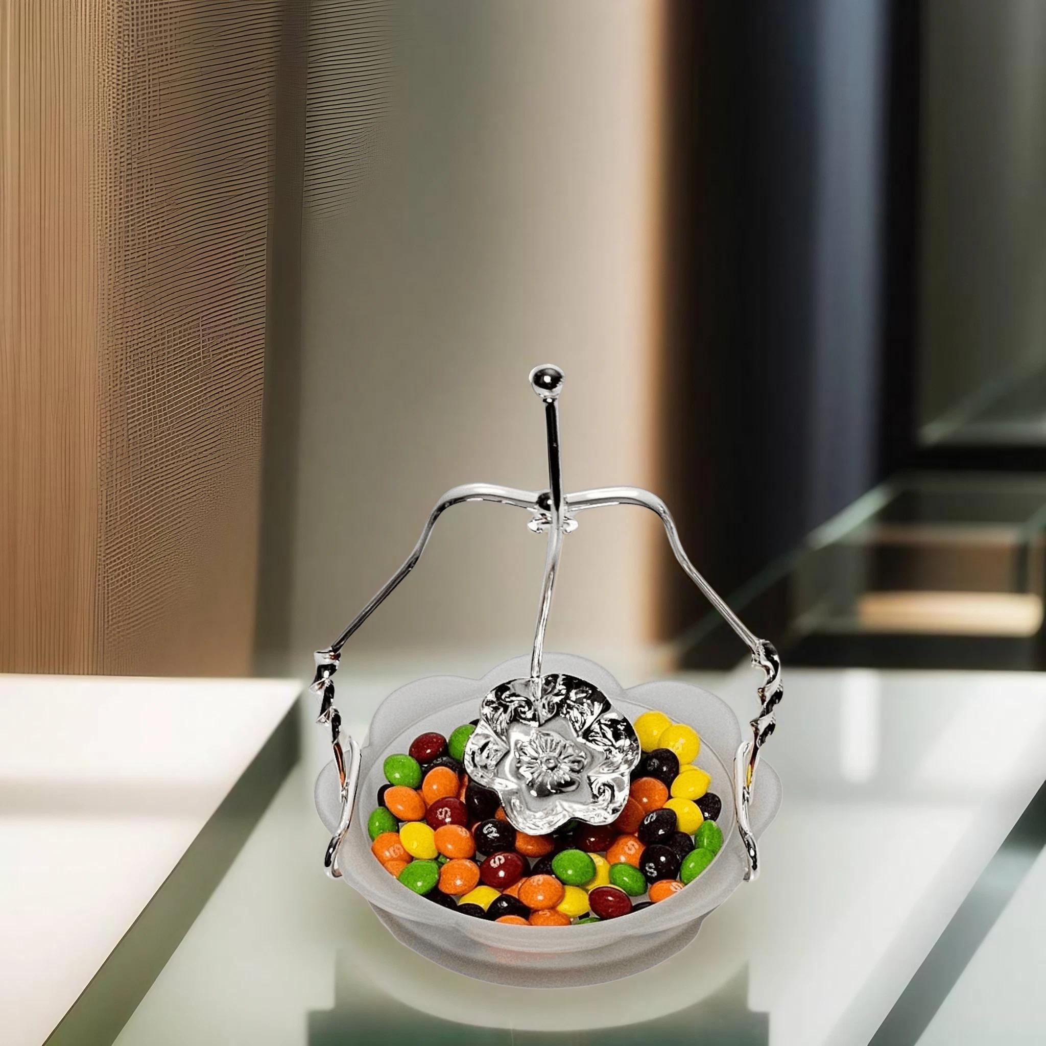 Frosted Glass Candy Dish with Silver Plated Handle and Elaborate Spoon:SKU #: ANT3090. Frosted Glass Candy Dish with Silver Plated Handle and Elaborate Spoon:SKU #: ANT3090.