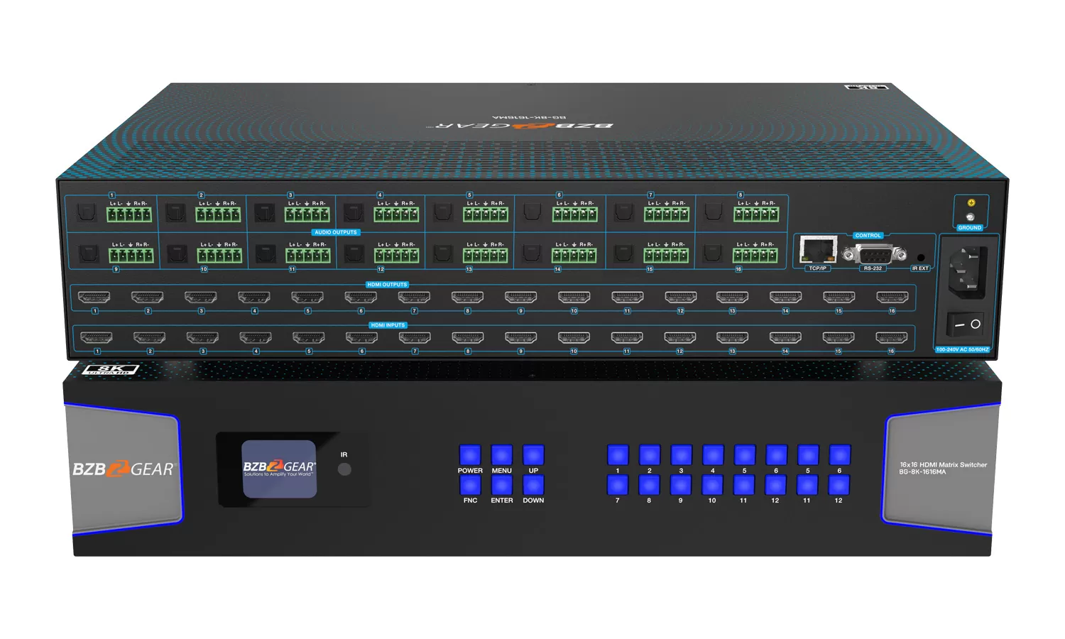 BG-8K-1616MA | 16x16 8K UHD HDMI 2.1 Matrix Switcher with Auto Downscalling/Audio De-embedder (8K60/4K120 4:4:4 and VRR/FVA/ALLM Support)