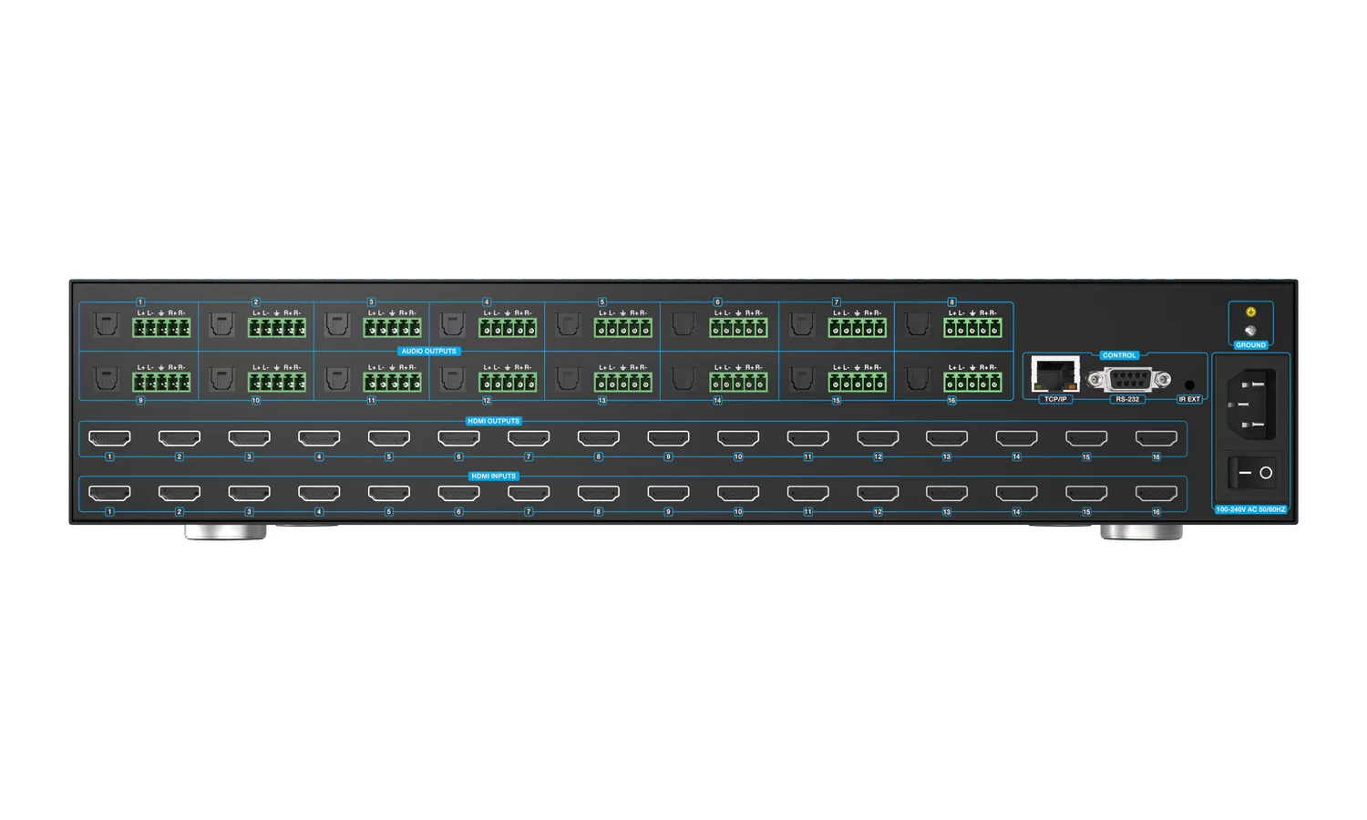 BG-8K-1616MA | 16x16 8K UHD HDMI 2.1 Matrix Switcher with Auto Downscalling/Audio De-embedder (8K60/4K120 4:4:4 and VRR/FVA/ALLM Support)