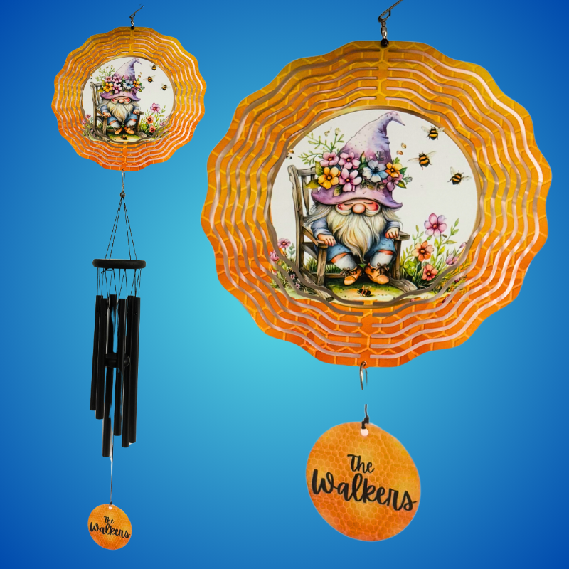 Garden Gnome Wind Spinner with Chimes – 10" Personalized Flower Garden Design