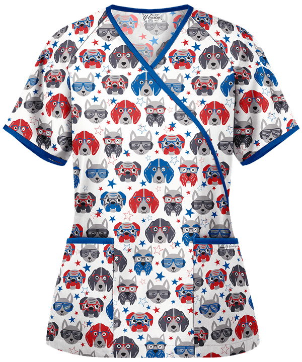 Blusa Médica UA Patriotic Pups White con Cuello de Efecto Cruzado