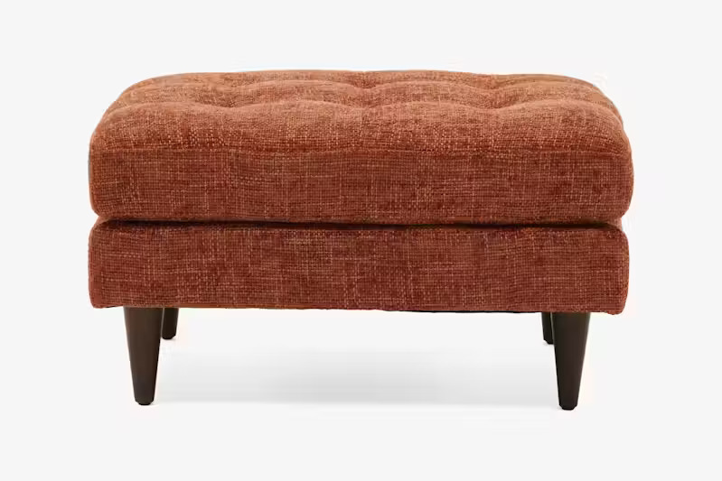 Mid-Century Modern Burnt Orange Tufted Ottoman | Rust Fabric Footstool
