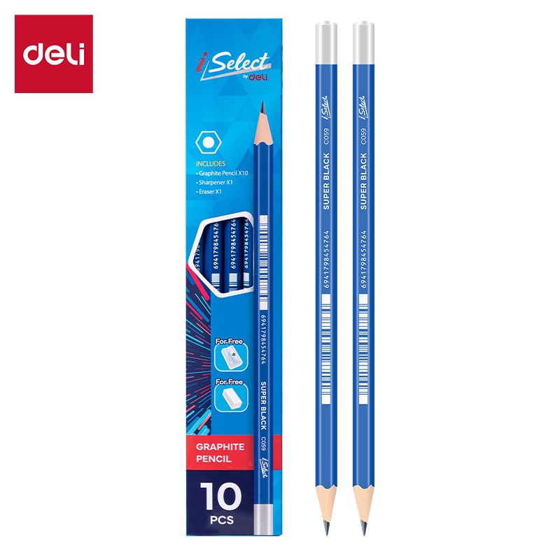 DELI C059 GRAPHITE HB PENCILS 10/PKT/ERASER/SHARPENER DELI C059 GRAPHITE HB PENCILS 10/PKT/ERASER/SHARPENER