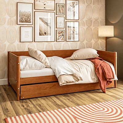 Modern Wooden Sofa Cum Bed with Pull-Out Trundle | 74x38x28 in (188x96.5x71 cm)
