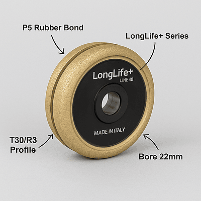 Marmo Elettromeccanica LongLife+ Profile Wheel - Line 40, P5 Rubber, T30/r3 Bore 22 Marmo Elettromeccanica LongLife+ Profile Wheel - Line 40, P5 Rubber, T30/r3 Bore 22