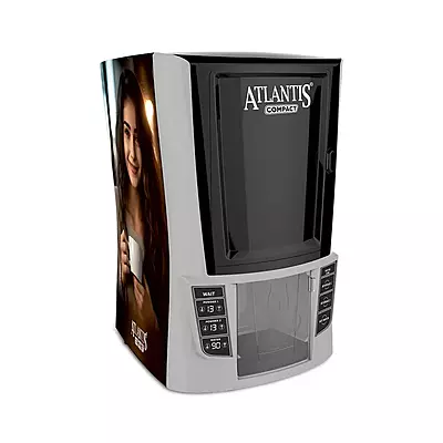 The sleek and Atlantis Compact 2 Lane Hot Beverage Vending Machine on an office countertop.