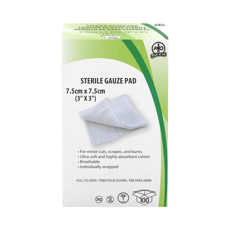 Compresses de gaze, stériles, emballées individuellement-7.6 cm x 7.6 cm (3 po x 3 po) - Boite de 100 unités Compresses de gaze, stériles, emballées individuellement-7.6 cm x 7.6 cm (3 po x 3 po) - Boite de 100 unités