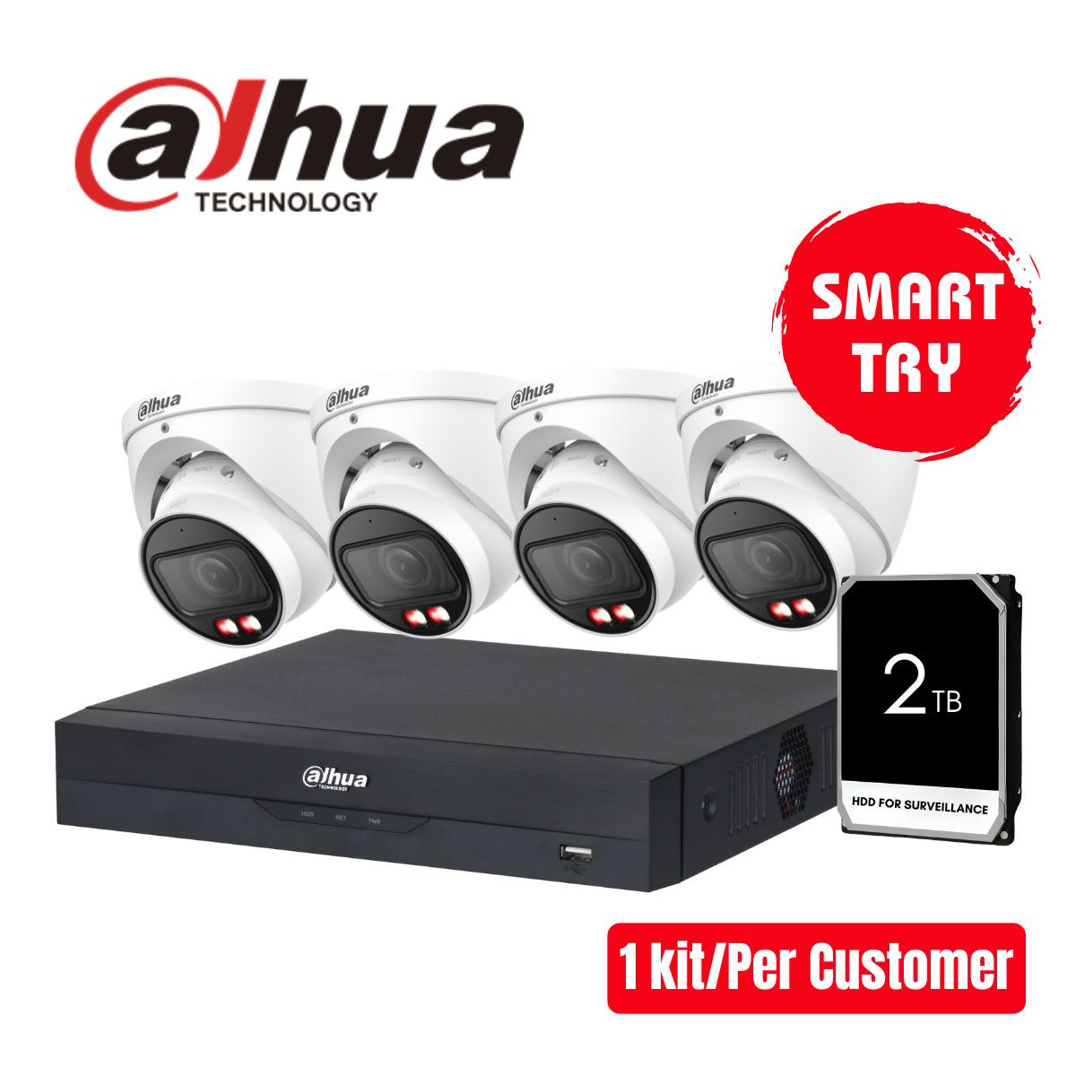 [SMART TRY] Dahua 6MP Smart Dual Light Fixed-focal Eyeball WizSense 4CH KIT(HDW3667)