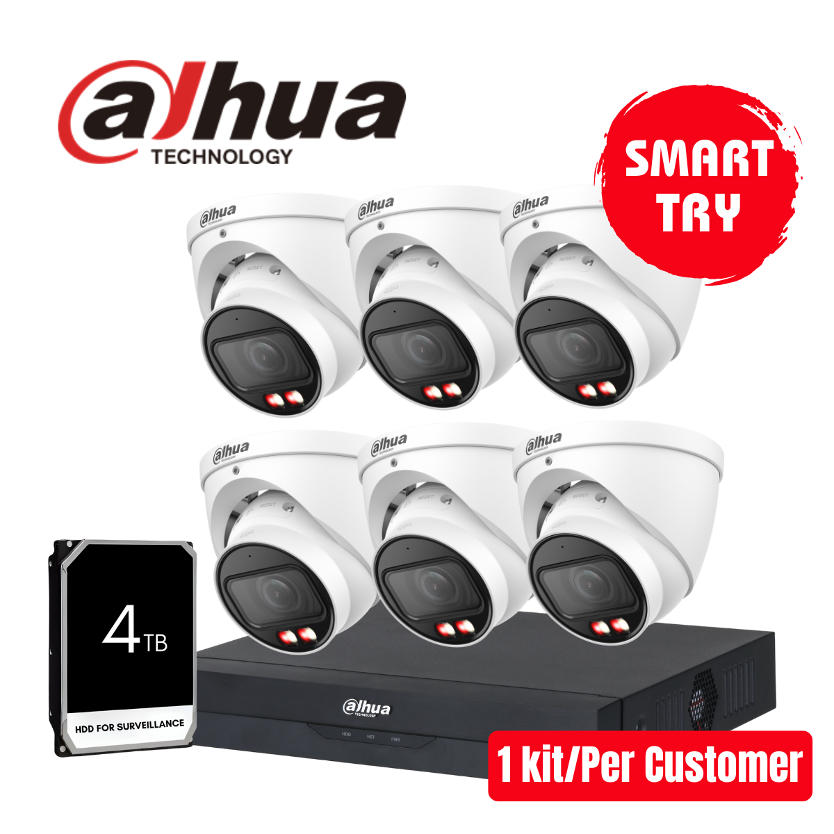 [SMART TRY] Dahua 6MP Smart Dual Light Fixed-focal Eyeball WizSense 8CH KIT(HDW3667)