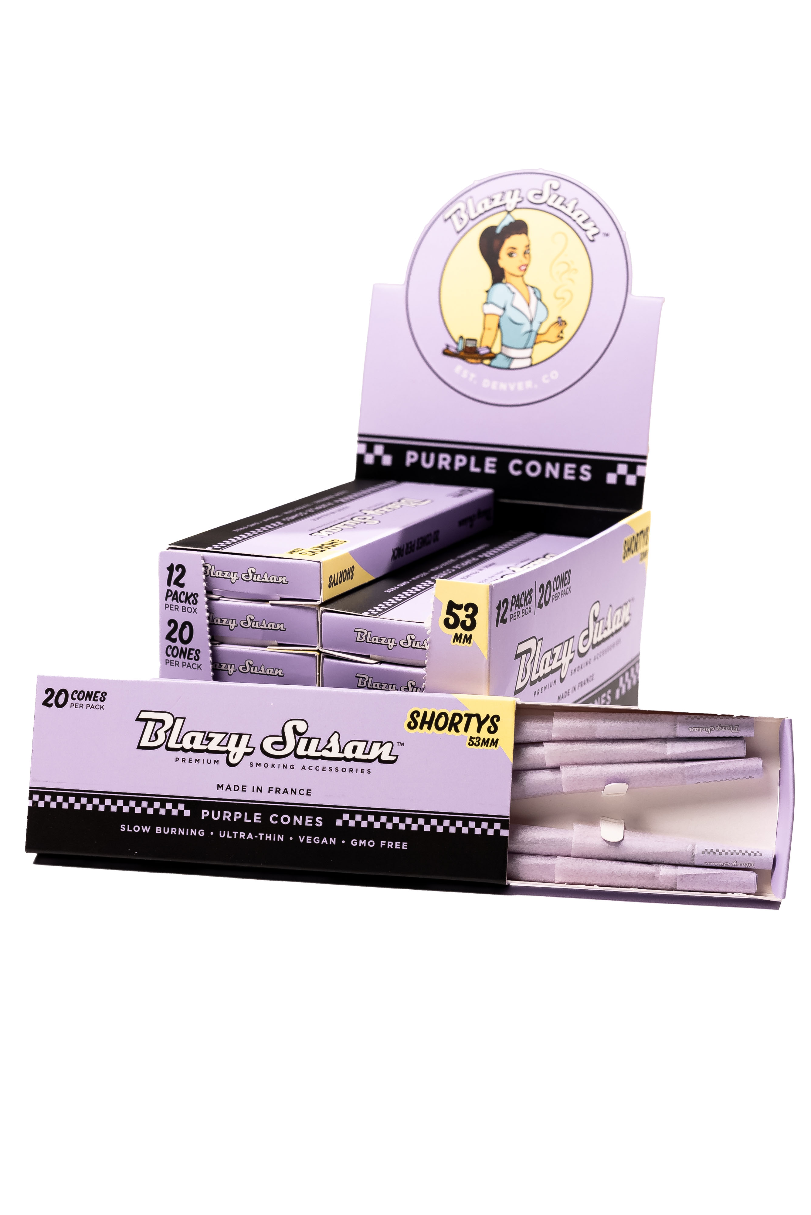 Blazy Susan® - Purple Pre-Roll Cones 53mm Shortys (20ct) - Display of 12 Blazy Susan® - Purple Pre-Roll Cones 53mm Shortys (20ct) - Display of 12