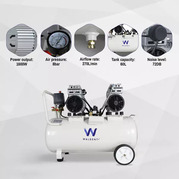 Waldent Double Head Dental Air Compressor Oil Free 2 Hp - Cylindrical Tank (WAC-200-DH-CT) Waldent Double Head Dental Air Compressor Oil Free 2 Hp - Cylindrical Tank (WAC-200-DH-CT)