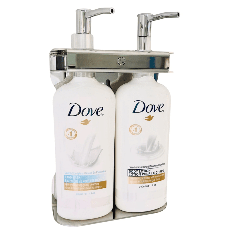 Dove Dispenser Bracket, Double Fixture Polished Stainless Steel Dove Dispenser Bracket, Double Fixture Polished Stainless Steel