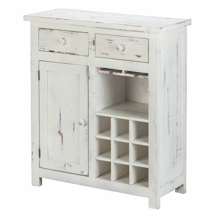 Distressed White Wine Bar Cabinet | Rustic Liquor Storage with Rack & Drawers Distressed White Wine Bar Cabinet | Rustic Liquor Storage with Rack & Drawers
