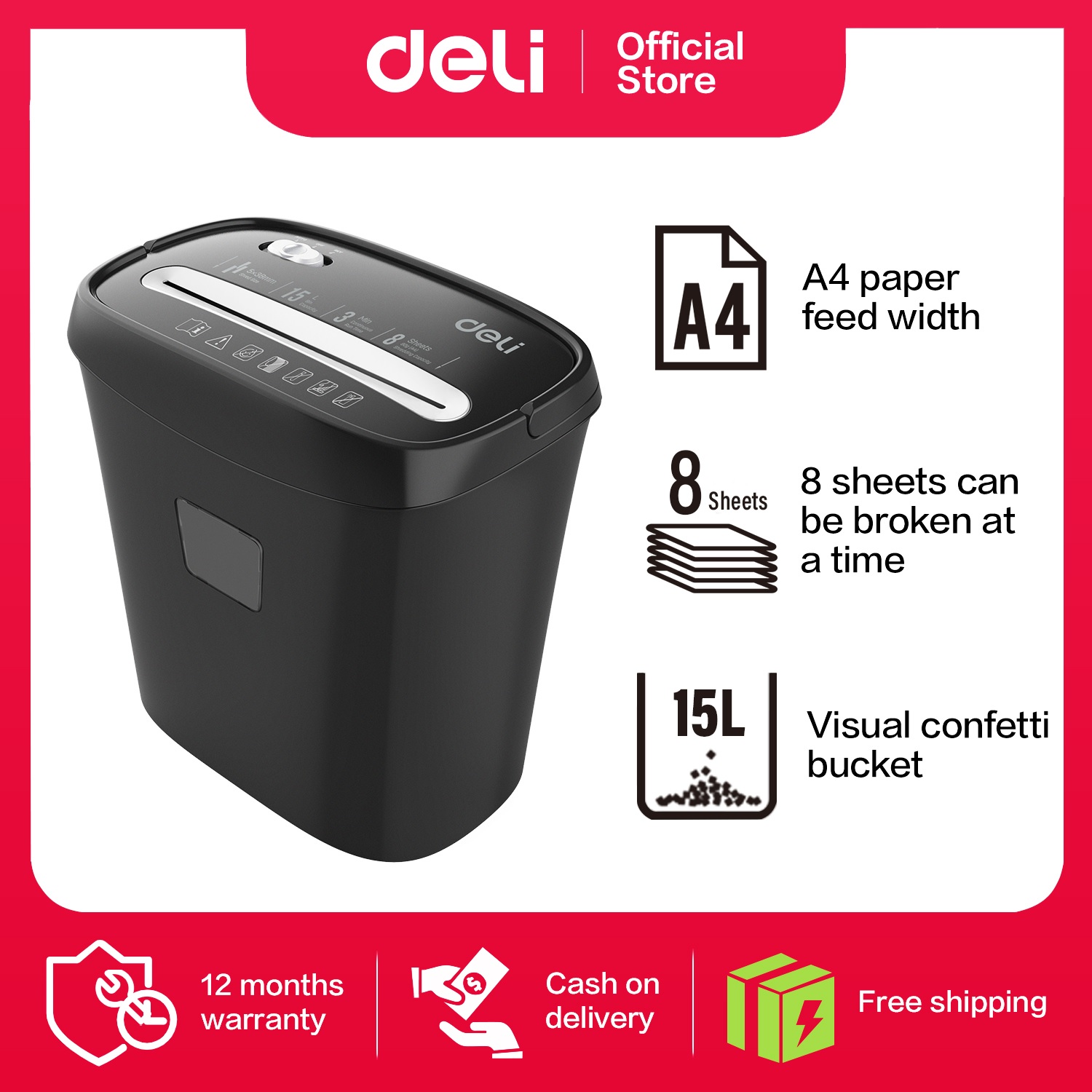 DELI E9947 PAPER SHREDDER 8SHTS BLACK