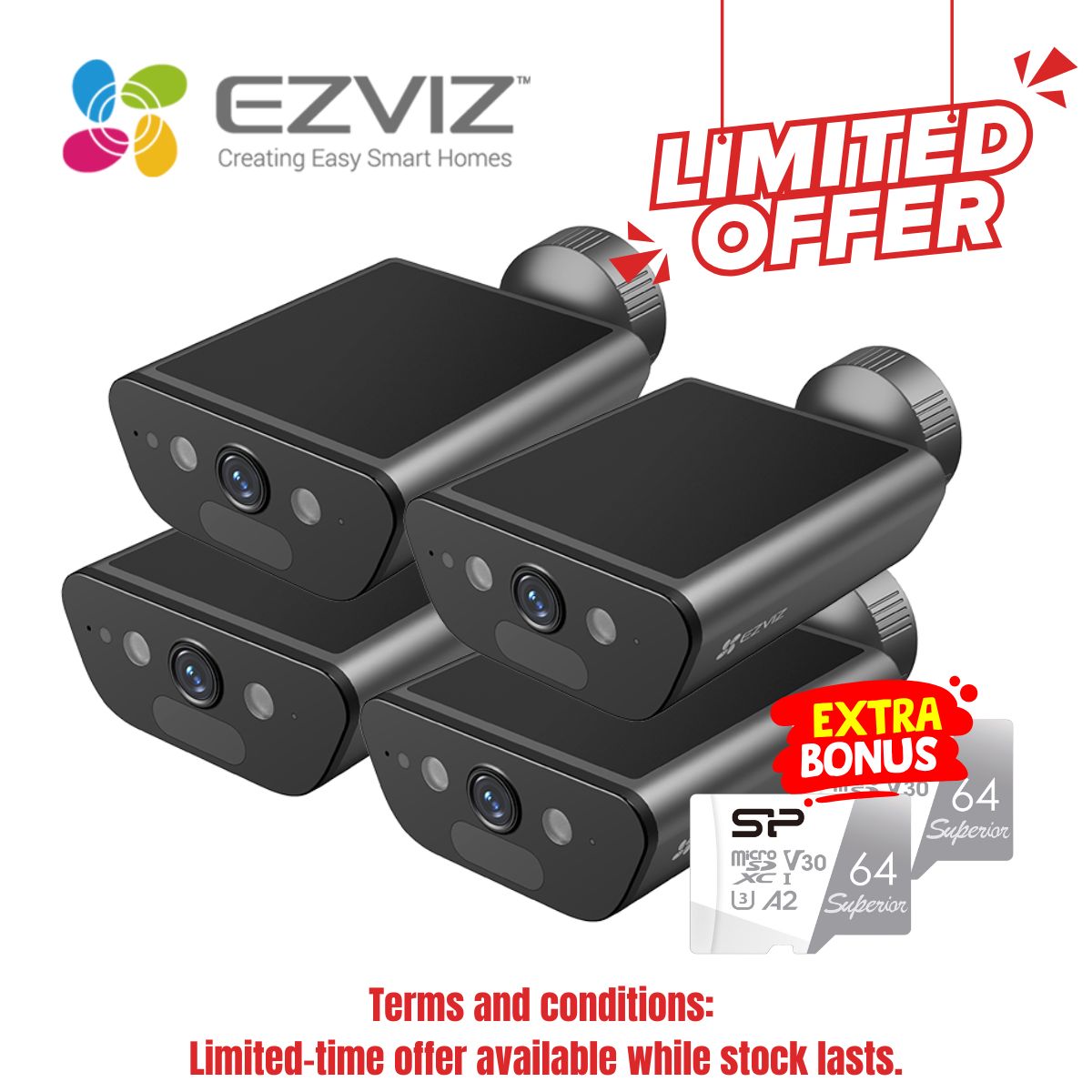 [4 PACK]EZVIZ 4K Smart Home Solar Battery Camera, Black