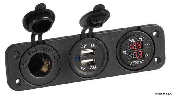 Digital voltmeter and ammeter, p. outlet 12V, USB Digital voltmeter and ammeter, p. outlet 12V, USB
