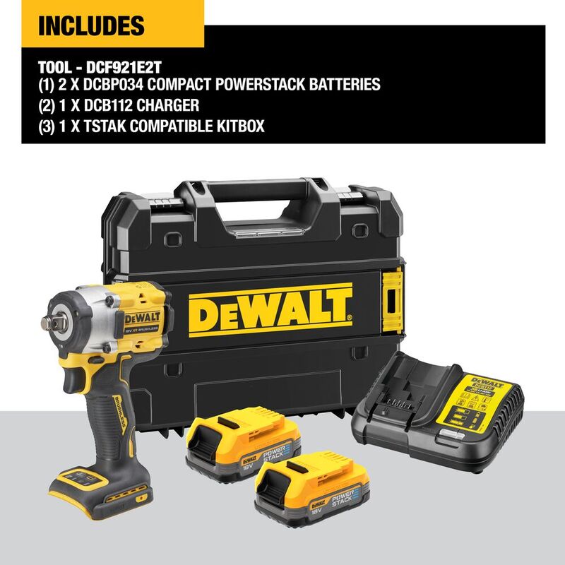 DEWALT DCF921E2T 18V XR Brushless Compact Impact Wrench with PowerStack Batteries
