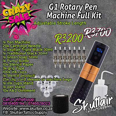 G1 Adjustable wireless stroke length tattoo pen Full kit