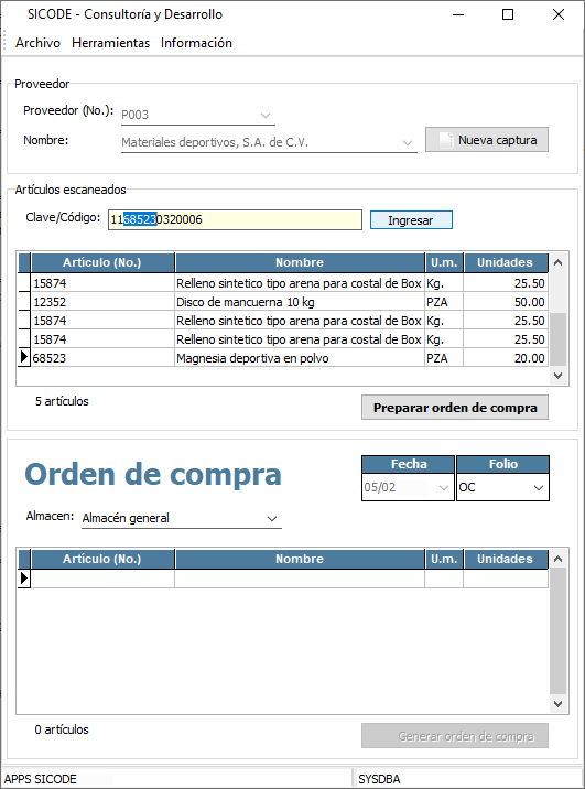 Generador de orden de compra a partir de artículos escaneados decodificando código de barras