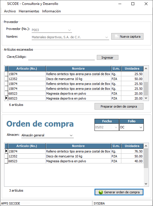 Generador de orden de compra a partir de artículos escaneados decodificando código de barras