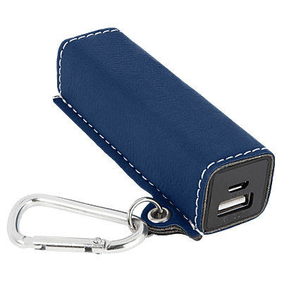 Personalized Blue/Silver Laserable Leatherette 2200 mAh Power Bank with USB Cord