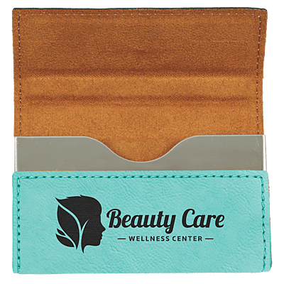 Personalized 3 3/4" x 2 3/4" Teal Laserable Leatherette Hard Business Card Holder