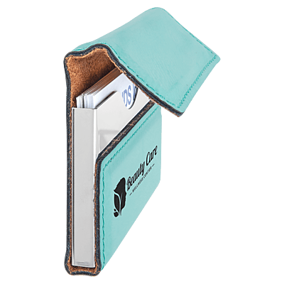 Personalized 3 3/4" x 2 3/4" Teal Laserable Leatherette Hard Business Card Holder