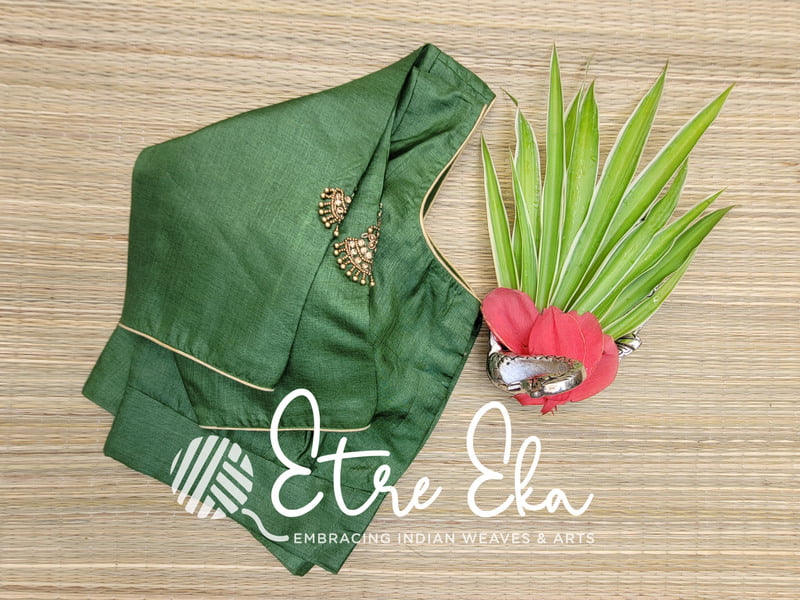 Saree Blouse. Tussar Silk Blouse with Golden Piping for Neck and Sleeves, Hand Embroidery on Sleeves