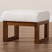 Modern White Bouclé Ottoman | Rectangular Wood Base Vanity Stool