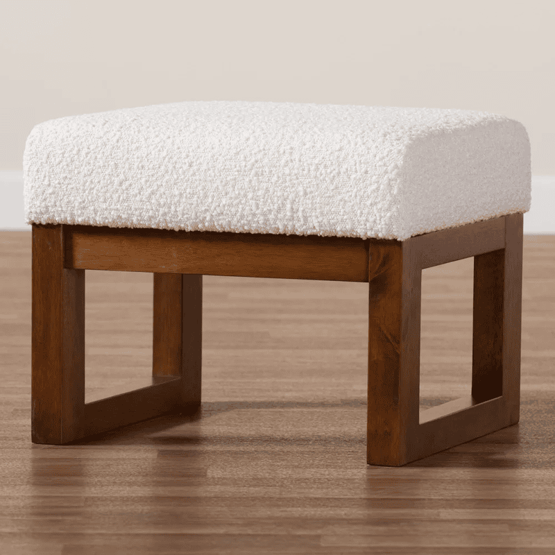 Modern White Bouclé Ottoman | Rectangular Wood Base Vanity Stool