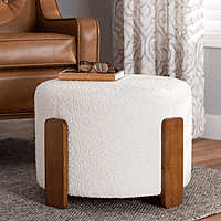 Boucle Upholstered Round Ottoman with Wood Legs - Modern Accent Stool