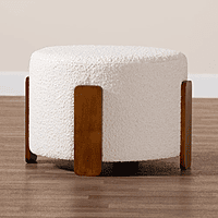 Boucle Upholstered Round Ottoman with Wood Legs - Modern Accent Stool
