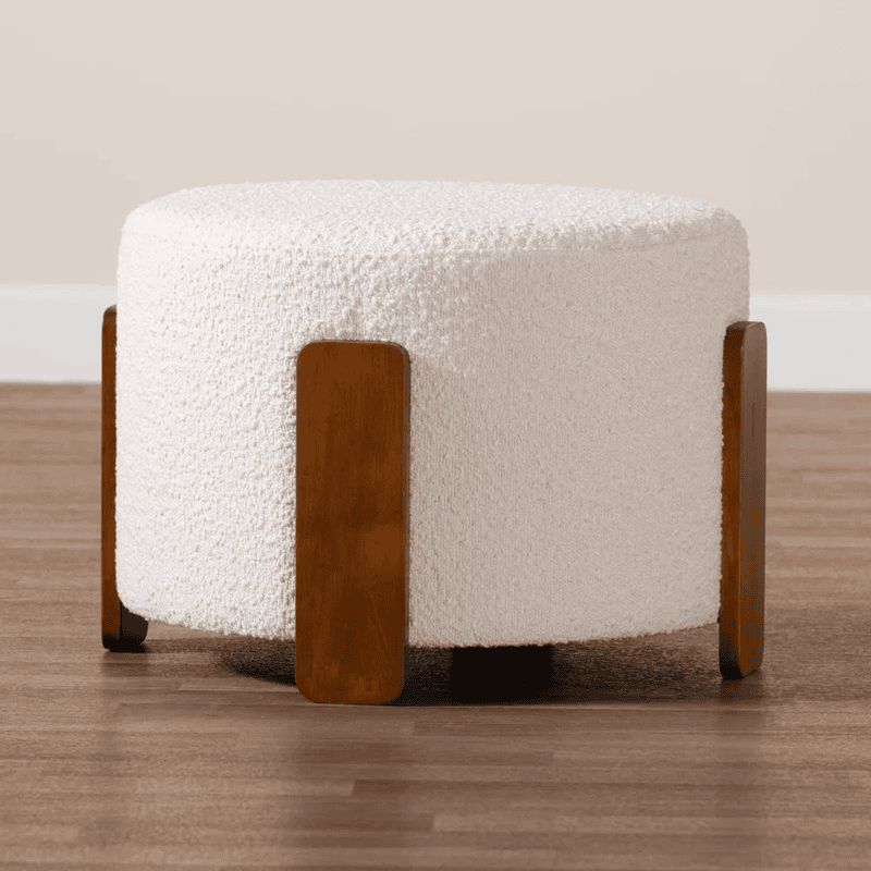Boucle Upholstered Round Ottoman with Wood Legs - Modern Accent Stool