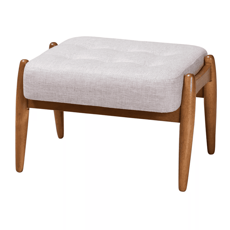 Mid-Century Modern Upholstered Ottoman Footstool - Grey Fabric & Wood Legs