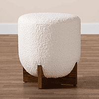 Modern White Bouclé Ottoman | Cozy Sherpa Footstool with Wood Base Modern White Bouclé Ottoman | Cozy Sherpa Footstool with Wood Base